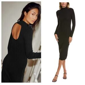 Nation LTD Nicole Turtleneck Midi Dress Size XS Black Ribbed Long Sleeve Cut Out